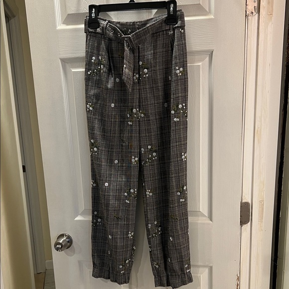 MAJORELLE Pants - MAJORELLE Plaid Trousers with Floral Embroidery